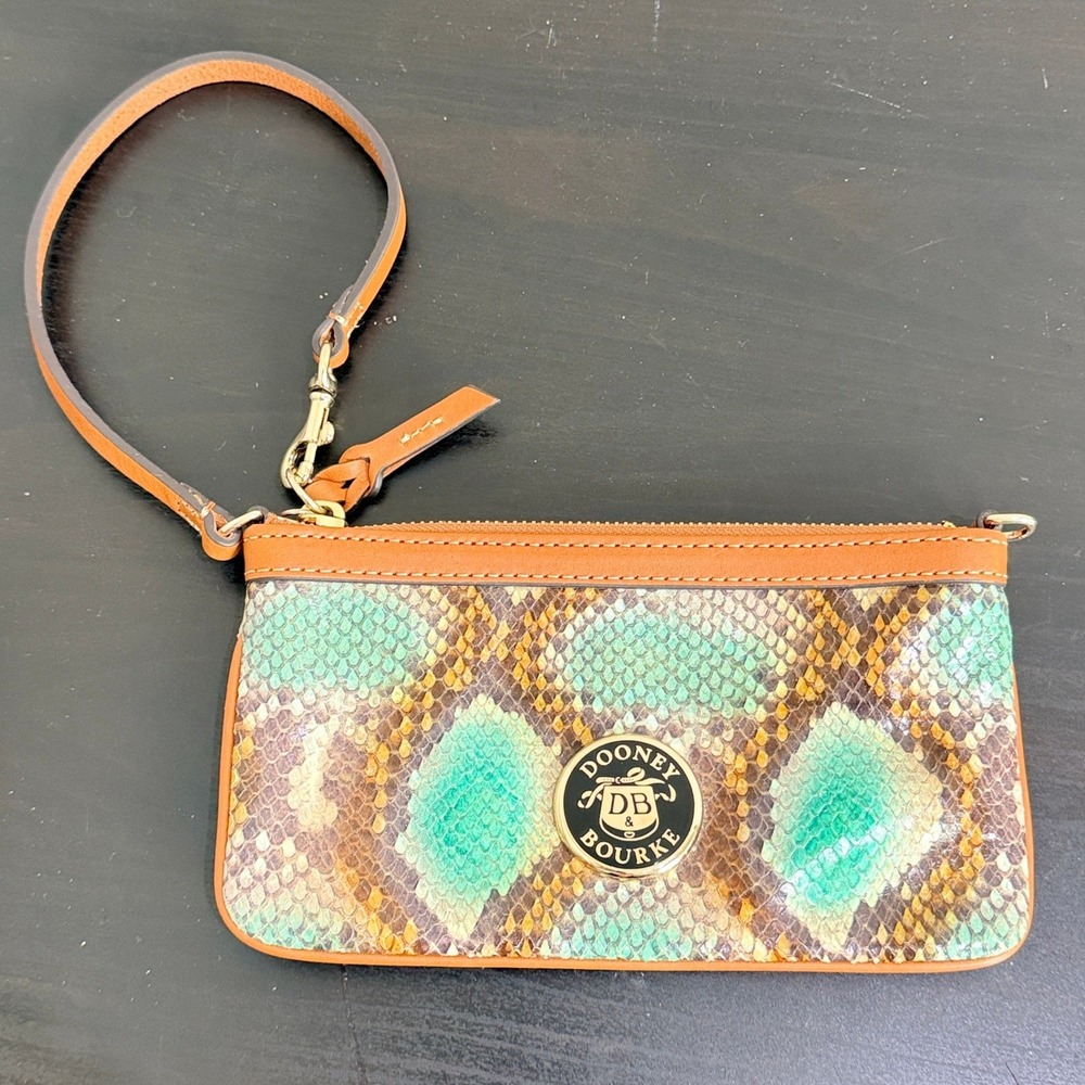 Dooney & Bourke Python Snake Skin Embossed Leather Wristlet Teal Tan Brown